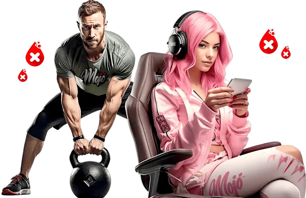 Mann hebt eine Kettlebell neben einer Gamer-Frau im MOJO-Trainingsanzug